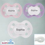 Pakke med 3 stk. Baby Nova sutter med navn (Lyser�d, Lilla, Hvid) Symmetriske Silikone fra 6 md.